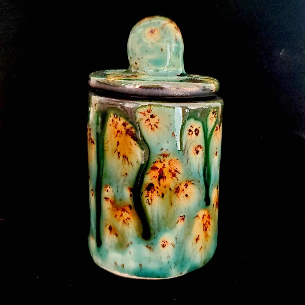 Handmade Small Ceramic Stash Jar, turquoise and brown tone glaze